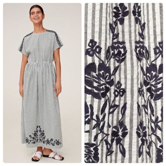 Mango Embroidered Dress Striped New - Picture 1 of 7